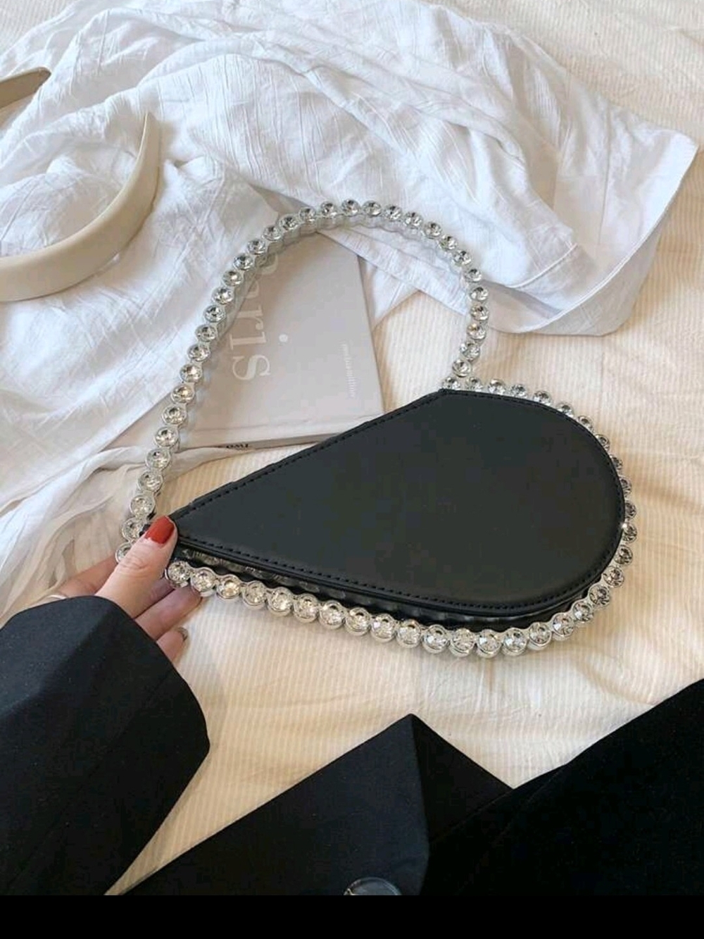 Black Teardrop Crystal-Trim Shoulder Bag